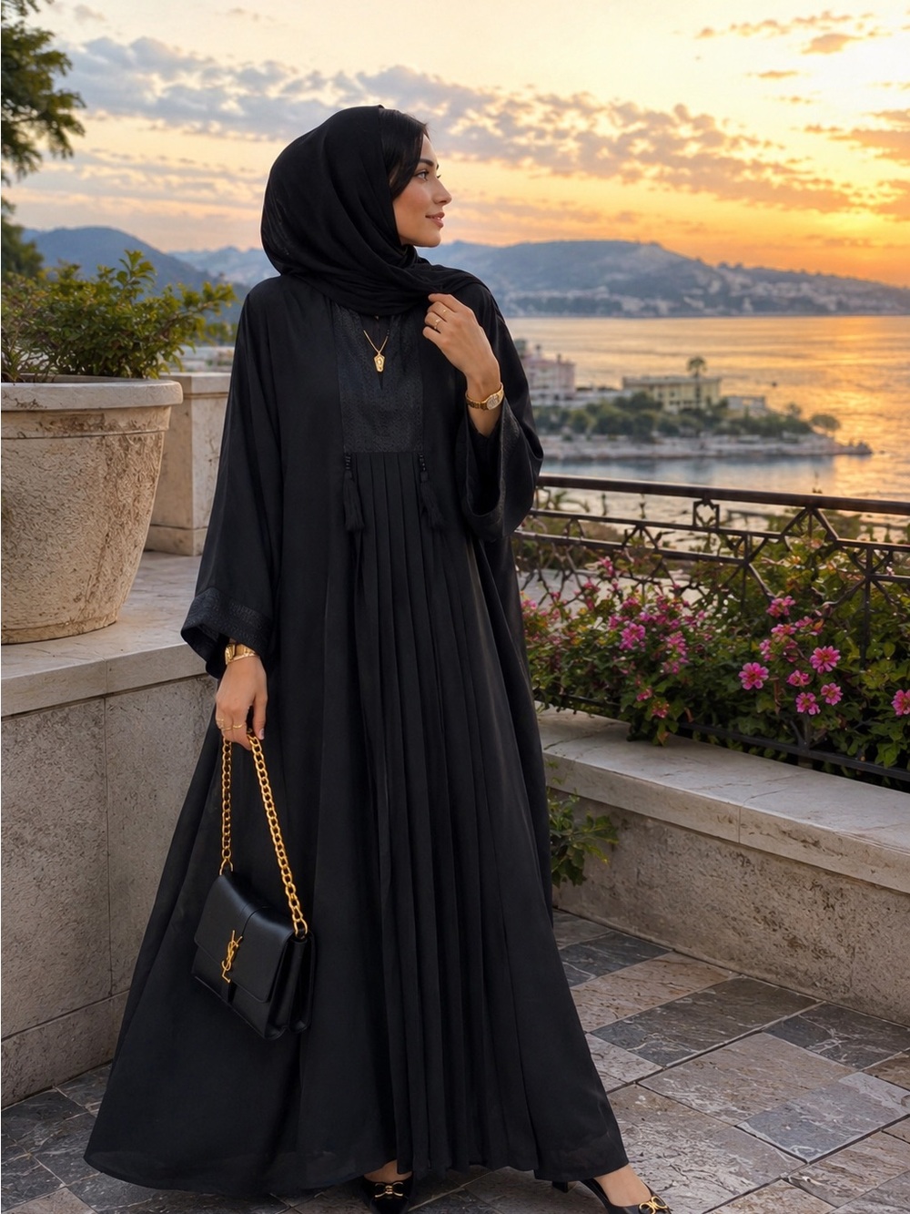 Modest Black Pleated Long-Sleeve Dress - Contemporary Abaya